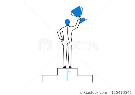 Line drawing illustration of a businessman holding a trophy on a podium 115413545