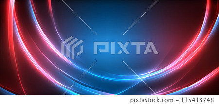 Neon glowing circle rays, light round lines in the dark, planet style neon wave lines. Energetic electric concept design for wallpaper, banner, background 115413748