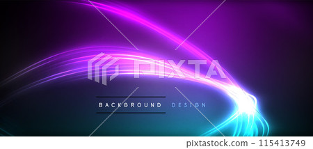 Neon glowing circle rays, light round lines in the dark, planet style neon wave lines. Energetic electric concept design for wallpaper, banner, background 115413749