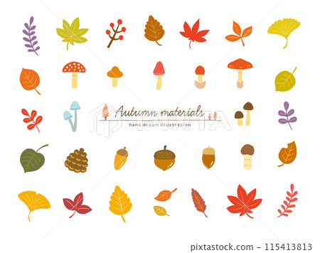 Set of hand-drawn illustrations of autumn plants and mushrooms 115413813