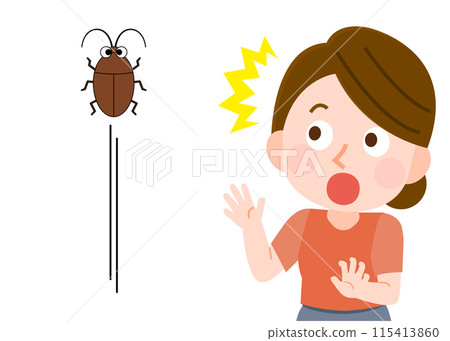 一名婦女對蟑螂感到驚訝的插圖 一名婦女對蟑螂感到驚訝的插圖 115413860