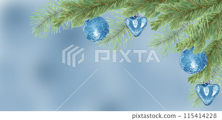Christmas horizontal background of pine and fir branches with blue toys. Illustration with watercolor. Hand drawn isolated art. New Year's decoration with evergreens for the New Year with cedar. 115414228