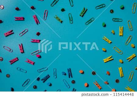 Frame border made of school stationery supplies. Copy space for your text or Educational greeting announcement for students and teacher. Creative vivid colorful background. Concept of new school year 115414448