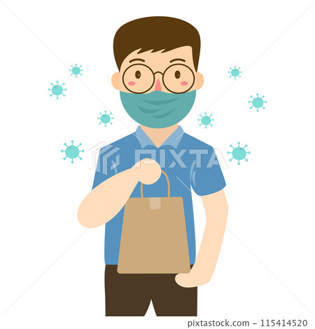 Delivery man wearing face mask holding bag Delivery man wearing face mask holding bag 115414520