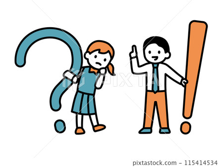 Illustration of a teacher with an exclamation mark and a female student with a question mark 115414534