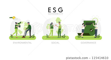 Save the Earth. ESG concept. Cartoon Charactors with Sustainable ecology and environment conservation concept design. Vector illustration. 115414610