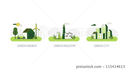 Green Energy, Green Industry, Green city. Concept of Sustainable Green ecology, environment and alternative renewable energy. Flat Vector Illustration. 115414613