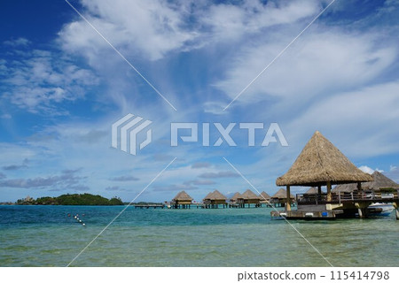 Bora Bora, water cottages and blue ocean Bora Bora, water cottages and blue ocean 115414798