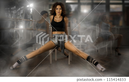 Sitting on chair, girl with long hair train to perform lap dance, neon light 115414833