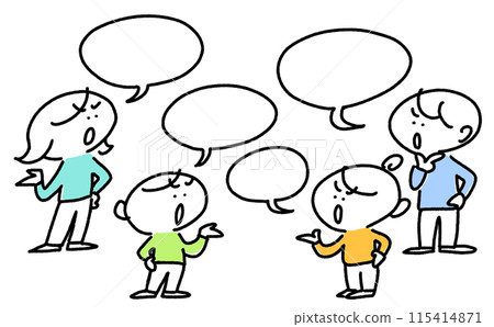 人們討論、爭論、爭吵、爭論、辯論、打架、家庭、簡單可愛的線條畫插圖 115414871