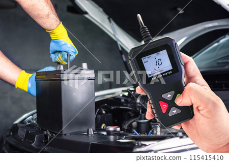 Car battery testing with battery tester , SOH State of health battery condition is bad Car battery testing with battery tester , SOH State of health battery condition is bad 115415410