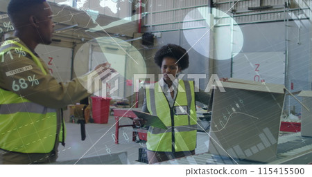 Image of financial data processing over diverse people working in warehouse Image of financial data processing over diverse people working in warehouse 115415500