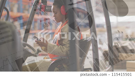 Image of statistics and data processing over african american woman working in warehouse Image of statistics and data processing over african american woman working in warehouse 115415501