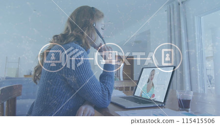 Image of network of icons over woman using laptop on image call Image of network of icons over woman using laptop on image call 115415506
