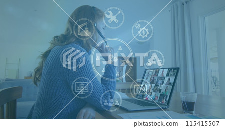 Image of network of icons over woman using laptop on image call 115415507