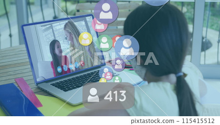 Image of people icons and speech bubble with numbers over girl in face using laptop on image call 115415512