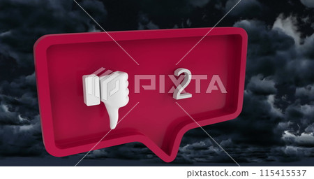 Image of unlike icon with numbers on speech bubble over sky and clouds 115415537