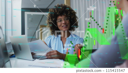Image of data processing over diverse business people talking 115415547