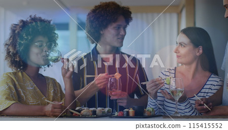 Image of light spots over happy diverse friends eating sushi 115415552