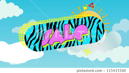 Image of sale text in pink on zebra print banner and abstract shapes, white clouds and blue sky 115415580