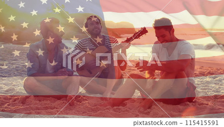 Image of flag of usa over caucasian male friends on beach in summer 115415591