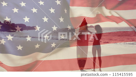 Image of flag of usa over caucasian woman on beach in summer Image of flag of usa over caucasian woman on beach in summer 115415595