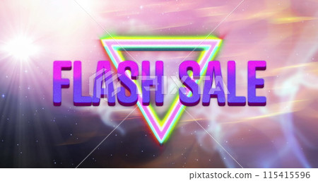 Image of retro flash sale text with glowing neon triangles and pink light trails in background 115415596