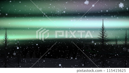 Image of snowflakes and northern lights over forest landscape 115415625
