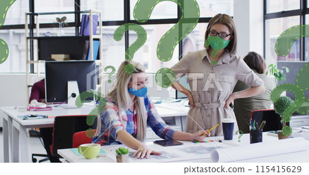 Image of question marks over diverse businesswomen wearing face masks and using computer Image of question marks over diverse businesswomen wearing face masks and using computer 115415629