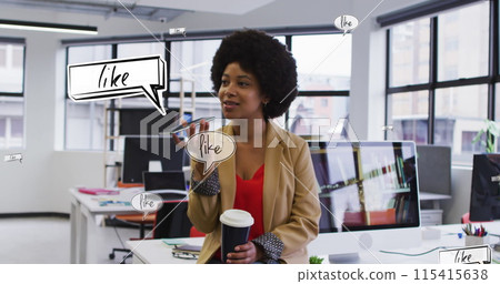 Image of media icons over african american businesswoman talking on smartphone 115415638