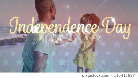 Image of independence day text with american flag pattern over couple in love on beach 115415657