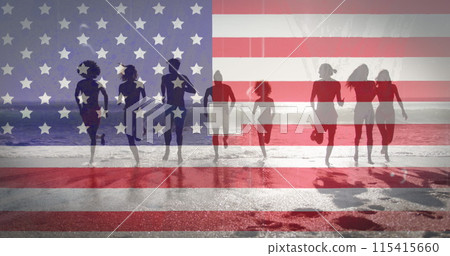 Image of american flag waving over friends running on beach Image of american flag waving over friends running on beach 115415660