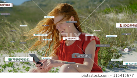 Image of media icons over caucasian woman using smartphone 115415677