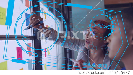 Image of data processing over diverse business people in office 115415687