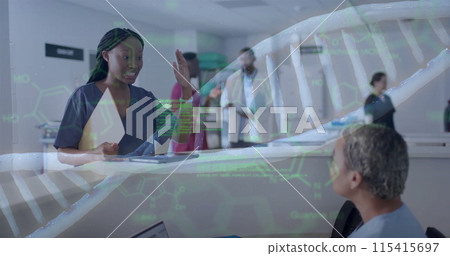 Image of dna strand and data processing over diverse doctors in hospital 115415697