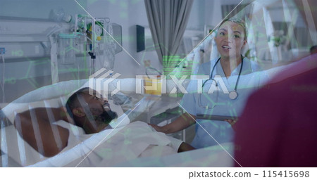 Image of dna strand over biracial female doctor and male patient in hospital Image of dna strand over biracial female doctor and male patient in hospital 115415698