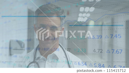 Image of data processing and statistics over male doctor with stethoscope 115415712