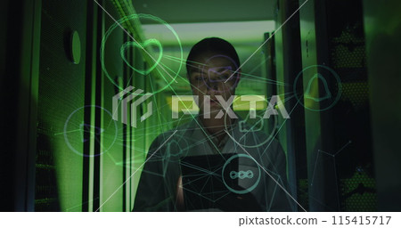 Image of network of connections and icons over caucasian female server room worker 115415717