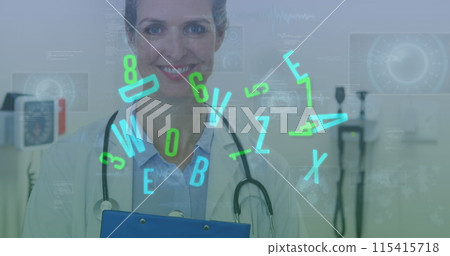 Image of numbers and letters changing and scopes on screens over female doctor with stethoscope Image of numbers and letters changing and scopes on screens over female doctor with stethoscope 115415718