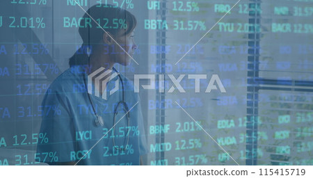 Image of financial data processing over female doctor with stethoscope Image of financial data processing over female doctor with stethoscope 115415719