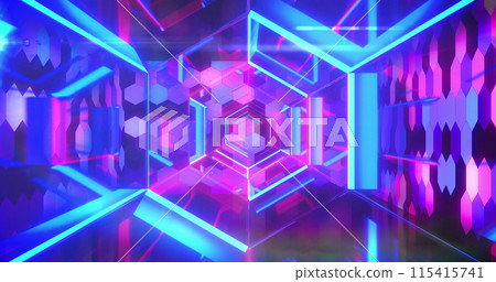 Image of neon shapes moving over digital tunnel Image of neon shapes moving over digital tunnel 115415741