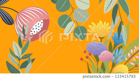 Image of flowers moving in hypnotic motion on orange background 115415783