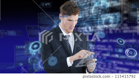 Image of scope scanning and data processing over man using tablet 115415792