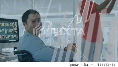 Image of graph over disabled caucasian man with diverse business colleagues 115415815