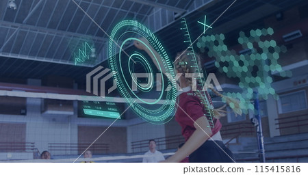 Image of scope scanning and data processing over diverse women playing volleyball at gym 115415816