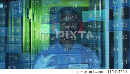 Image of financial data processing over male african american it engineer with tablet Image of financial data processing over male african american it engineer with tablet 115415834