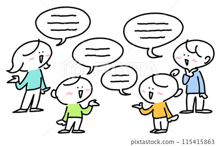 人們討論、微笑、討論、諮詢、聊天、講話泡泡、辯論、家庭、簡單可愛的線條畫插圖 115415863