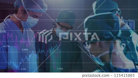 Team of surgeons focused on a procedure, with vital signs on display Team of surgeons focused on a procedure, with vital signs on display 115415865