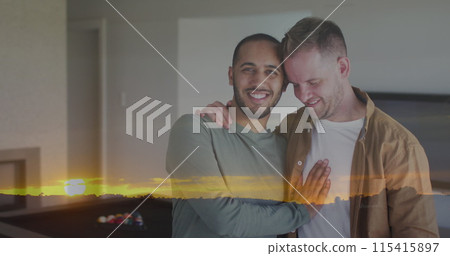 Image of landscape over diverse male couple embracing 115415897