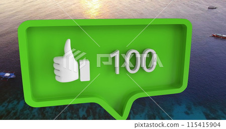 Digital image of follow, like and heart icons increasing in numbers with a sky background 4k 115415904
